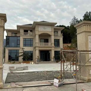 揭阳 黄金麻花岗岩别墅雕花外墙干挂配上门口雕花罗马柱